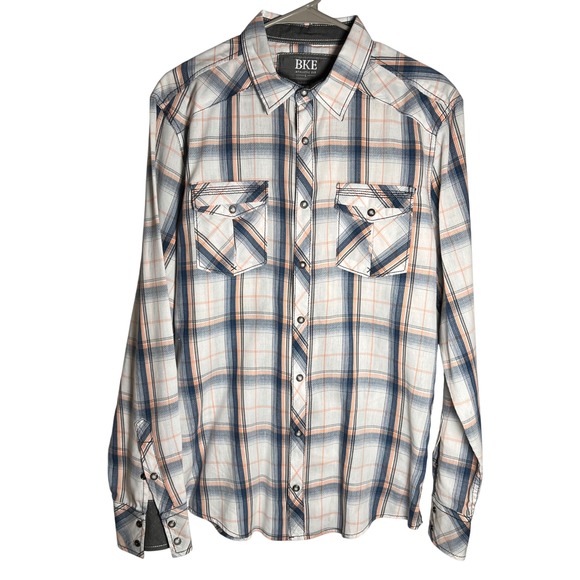 BKE Athletic Fit Mens L Plaid Pearl Snap Long Sleeve Blue Orange Buckle White - Picture 2 of 8